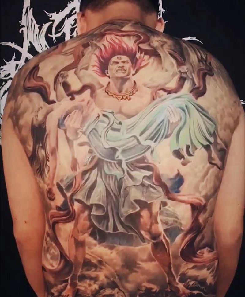 阿修罗纹身图片_腰部背部欧美写实新传统纹身图案