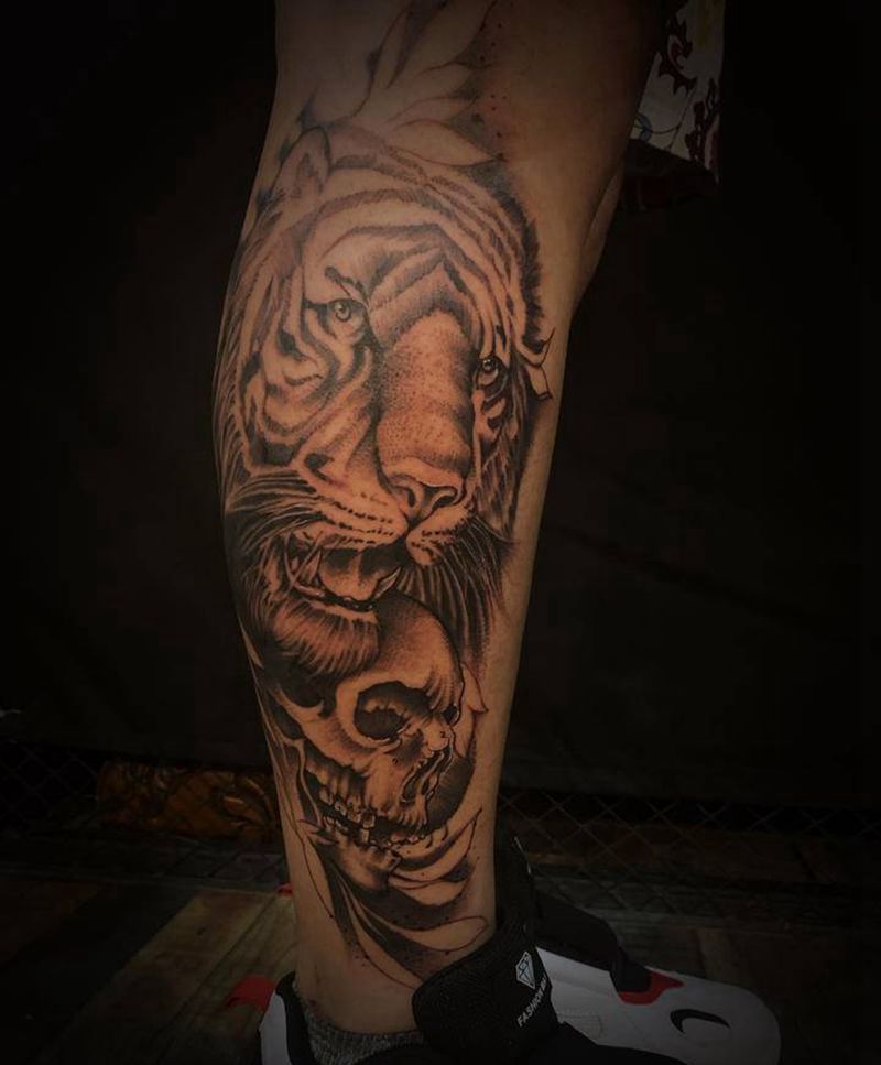 老虎纹身图片_腿部手臂欧美写实纹身图案