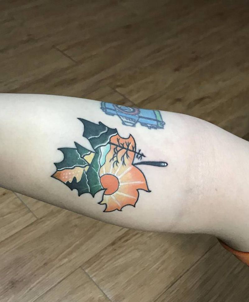 树叶纹身图片_手臂New School纹身图案