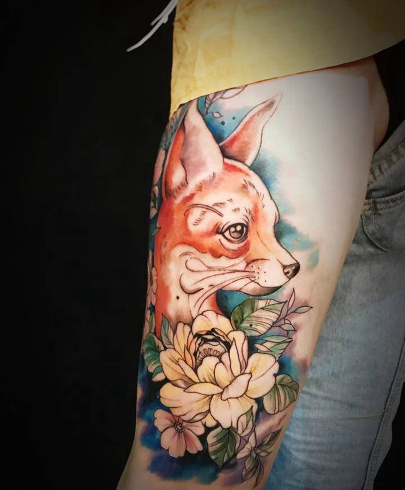 狐纹身图片_腿部水彩New School纹身图案