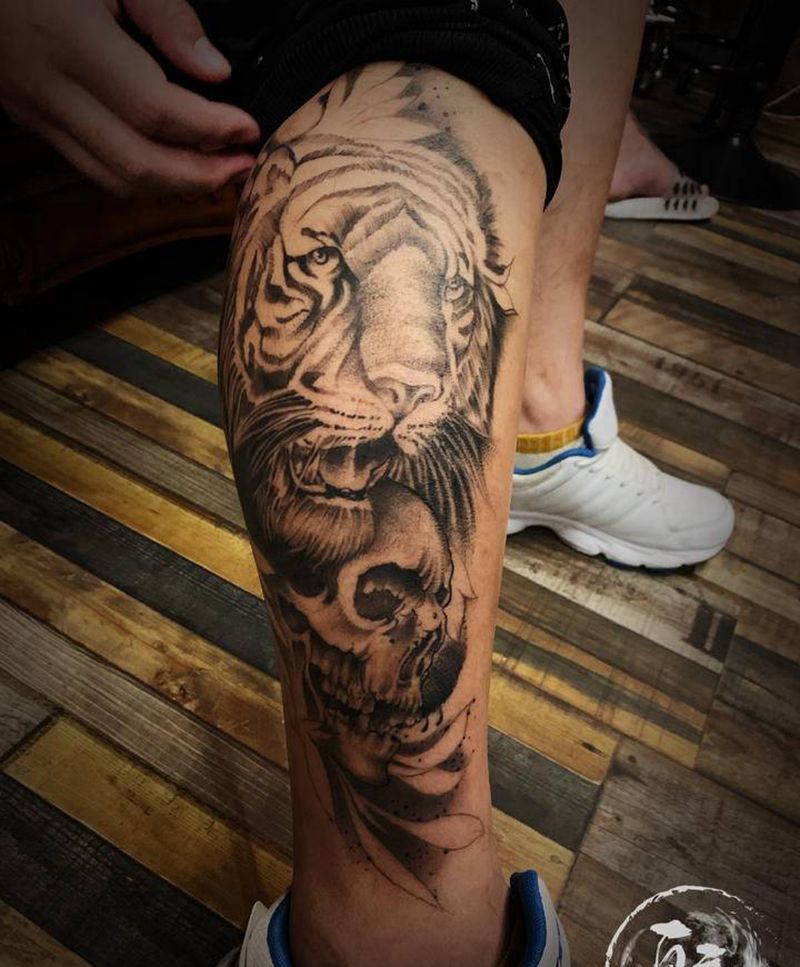小腿老虎骷髅纹身图片_腿部New School欧美写实纹身图案