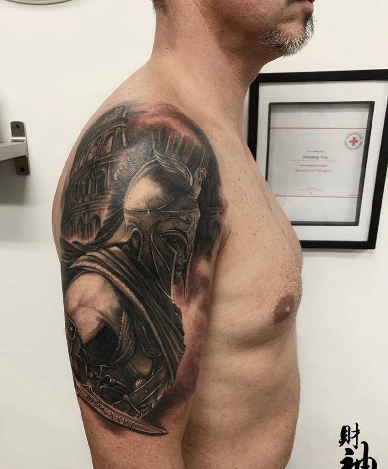 斯巴达勇士纹身图片_手臂肩部欧美写实纹身图案