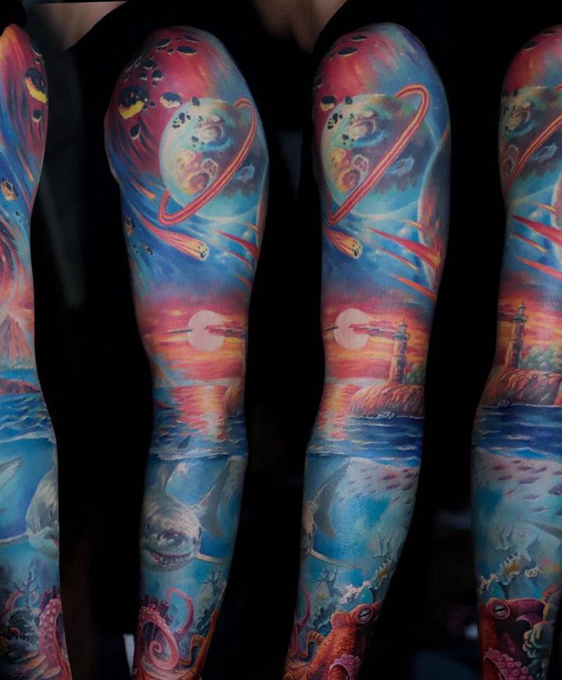 海底世界纹身图片_手臂欧美写实纹身图案