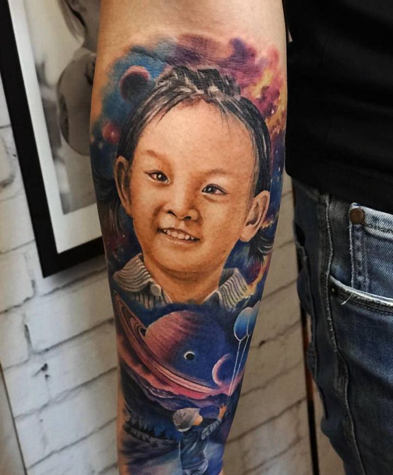 肖像“父爱”纹身图片_手臂欧美写实纹身图案