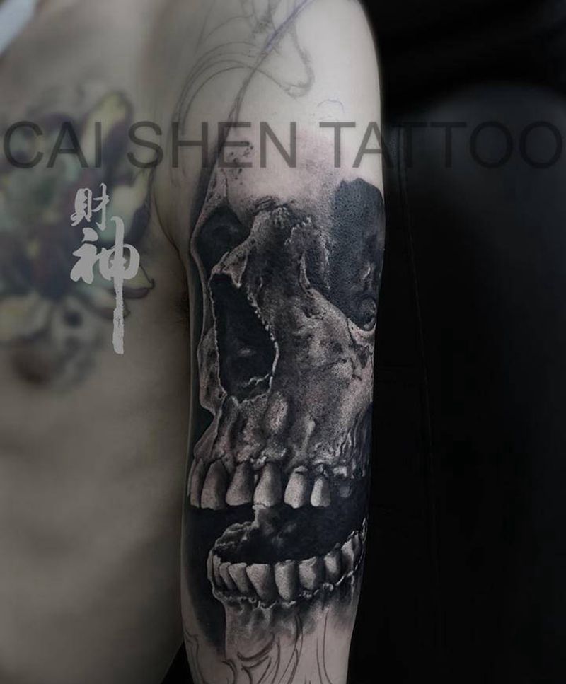 骷髅纹身图片_手臂欧美写实骷髅大臂纹身图案