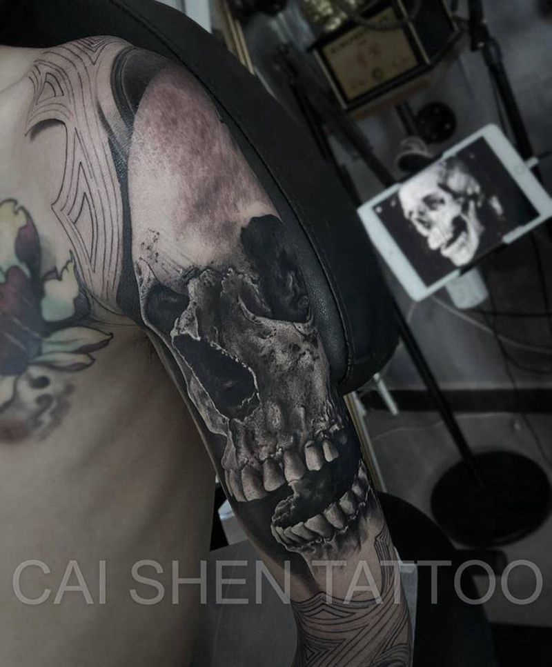 骷髅纹身图片_手臂欧美写实骷髅纹身图案