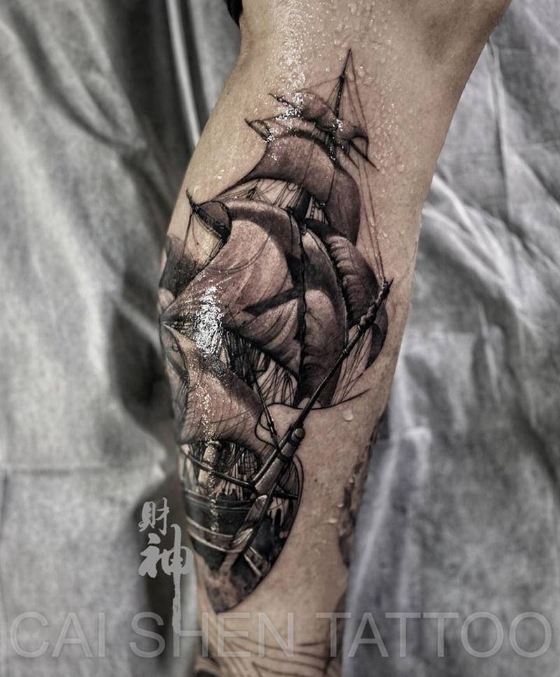 帆船纹身图片_腿部欧美写实帆船纹身图案