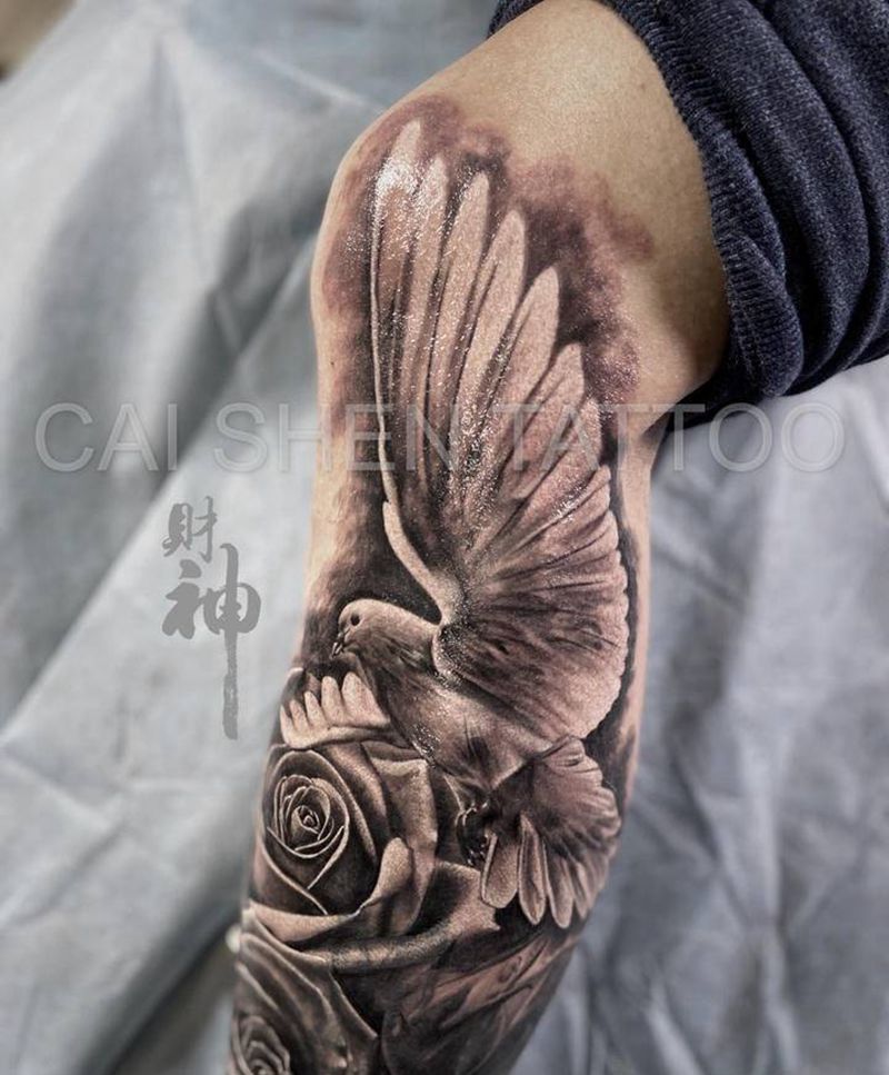 鸽子纹身图片_腿部欧美写实鸽子纹身图案