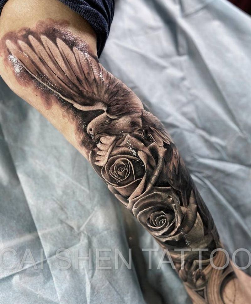 鸽子玫瑰花纹身图片_腿部欧美写实纹身图案