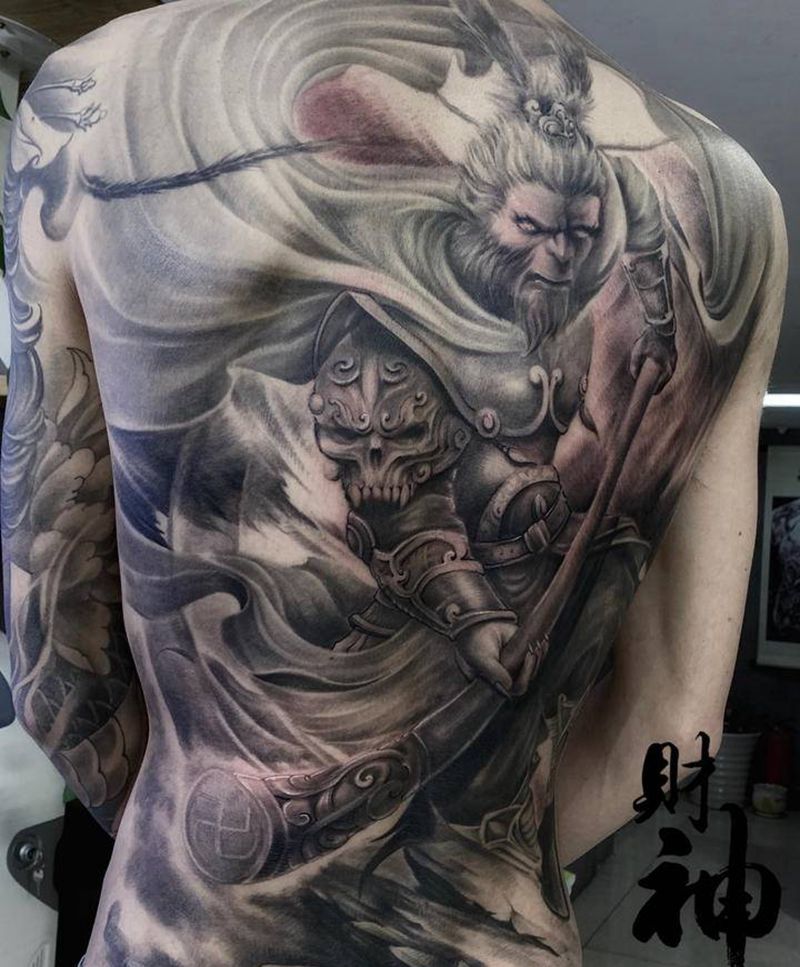 齐天大圣纹身图片_背部新传统欧美写实纹身图案