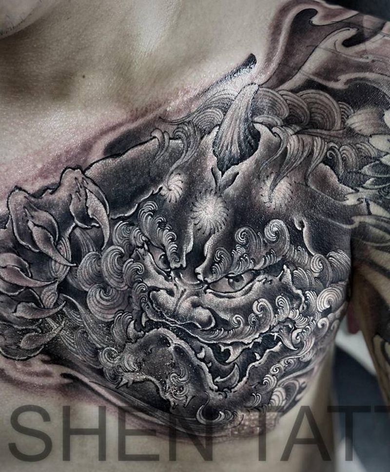 唐狮-不动纹身图片_手臂胸部新传统老传统唐狮不动明王纹身图案