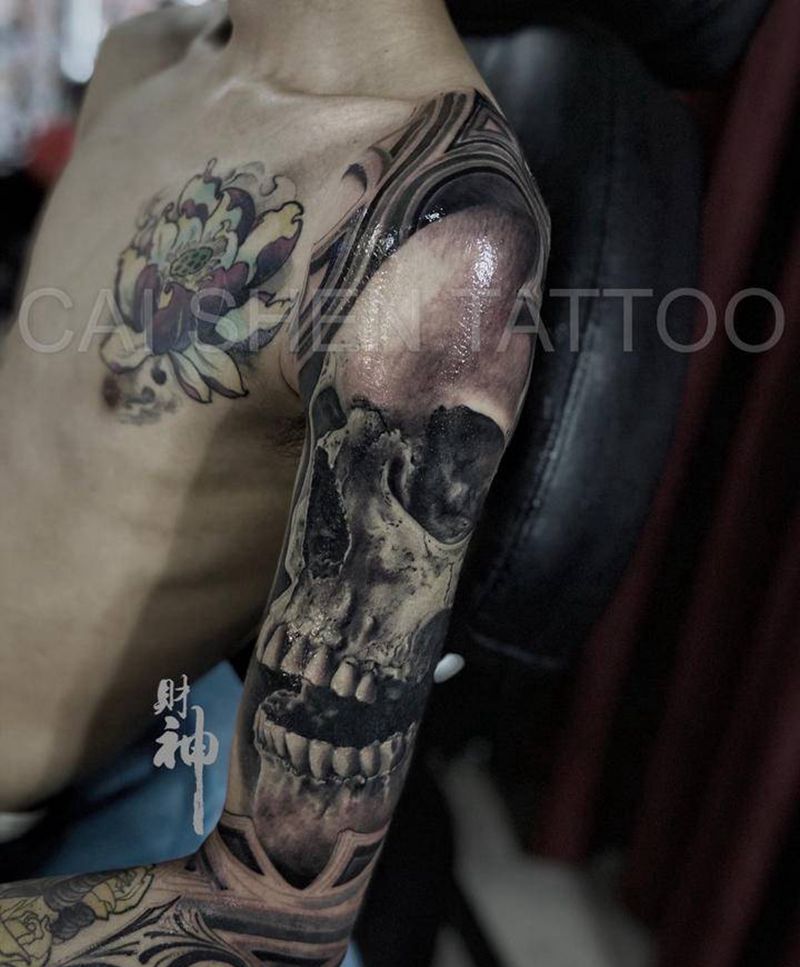 骷髅纹身图片_手臂欧美写实纹身图案