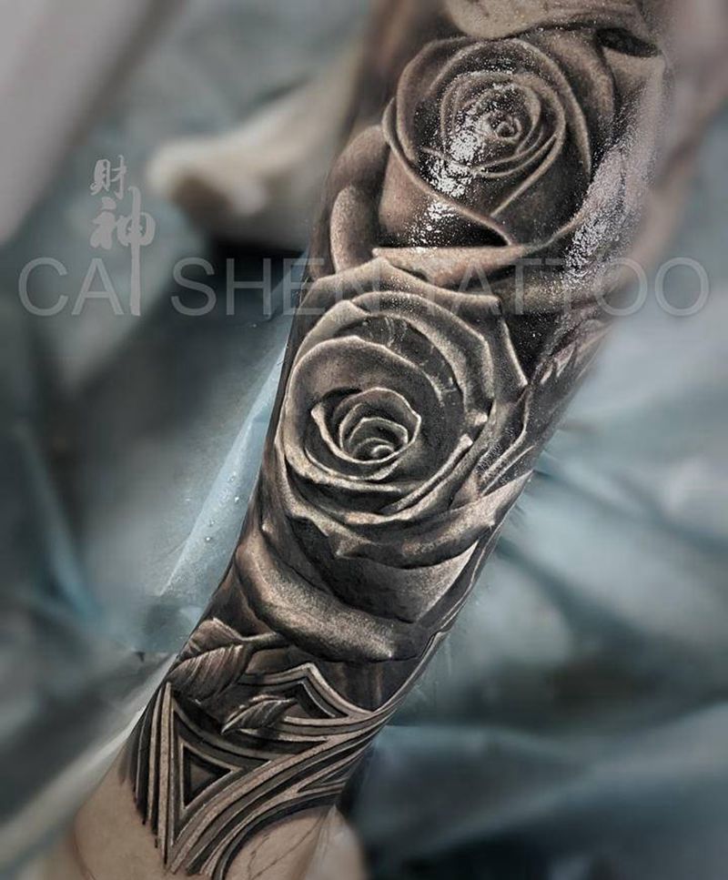 玫瑰花纹身图片_腿部欧美写实纹身图案