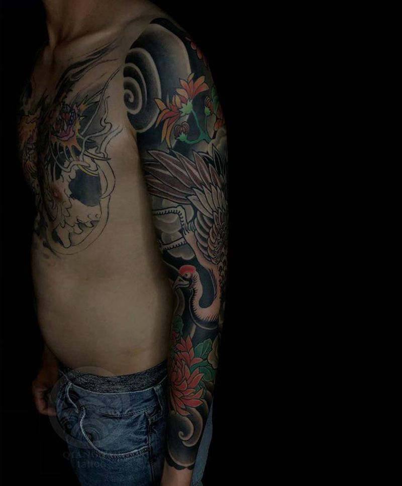 鹤纹身图片_手臂肩部老传统新传统纹身图案