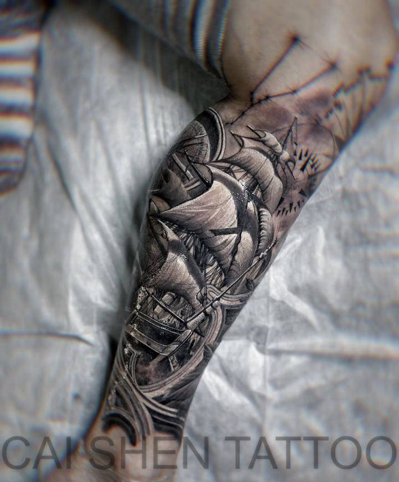 帆船纹身图片_腿部欧美写实纹身图案