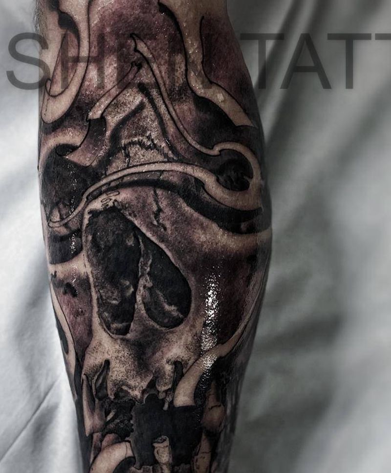 骷髅未完成纹身图片_腿部欧美写实纹身图案
