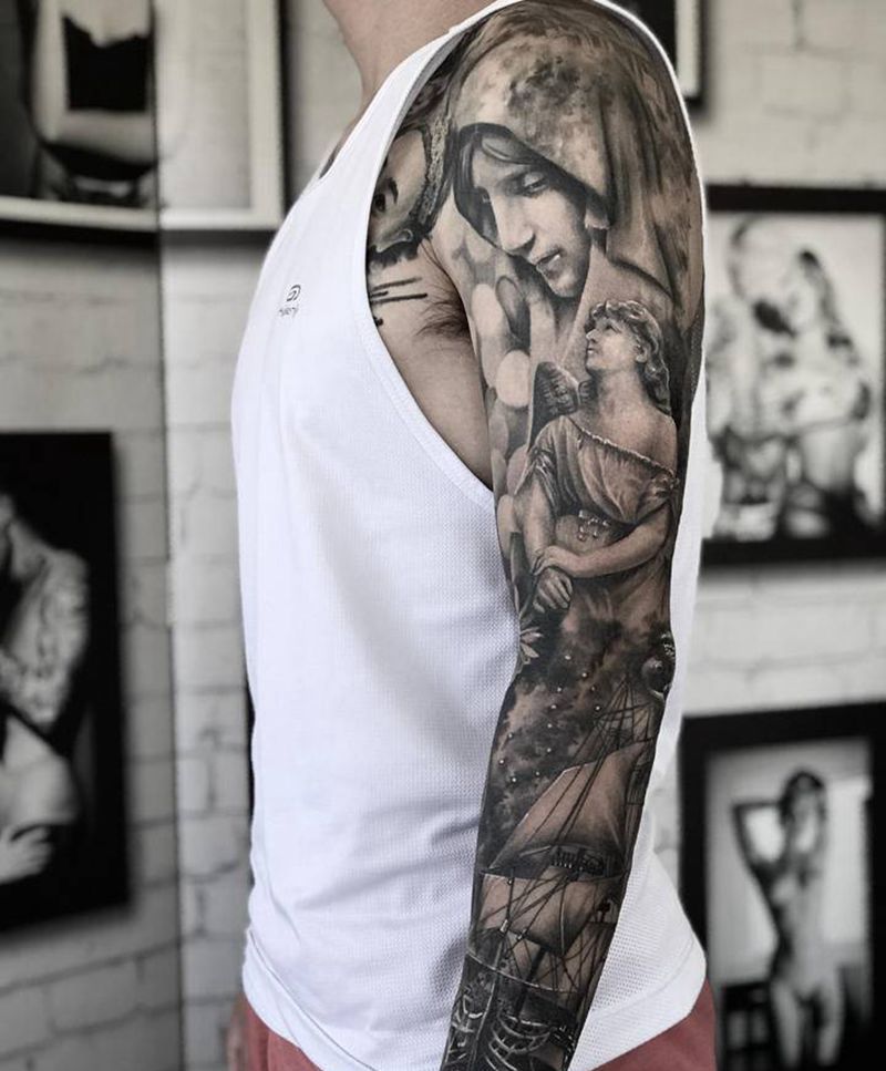 天使的守护纹身图片_手臂欧美写实纹身图案