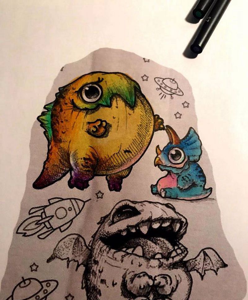 小怪兽两个 喜欢私哦纹身图片_New School纹身图案