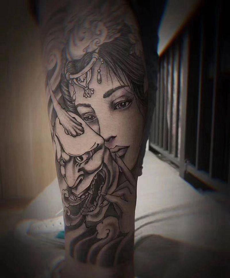 前世今生纹身图片_腿部新传统纹身图案