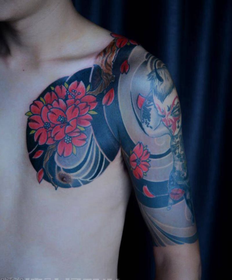 社会猴接半胛纹身图片_手臂肩部老传统纹身图案