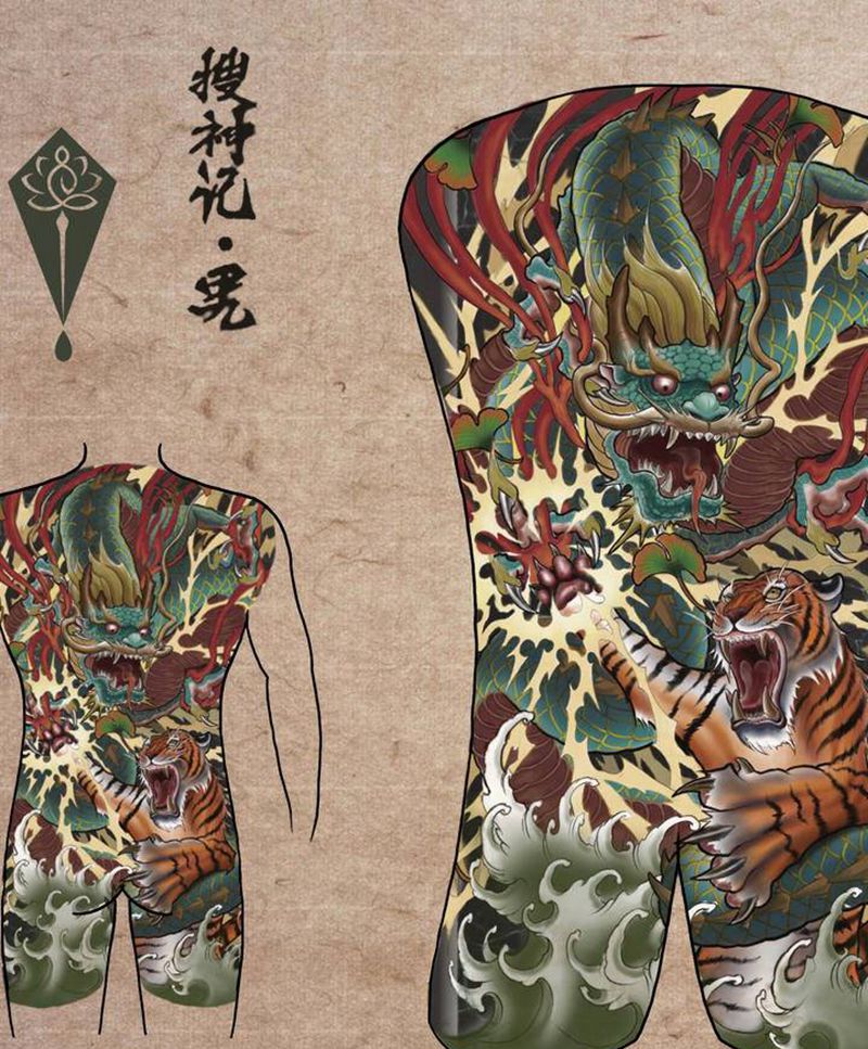 龙虎斗纹身图片_背部老传统新传统龙虎斗纹身图案