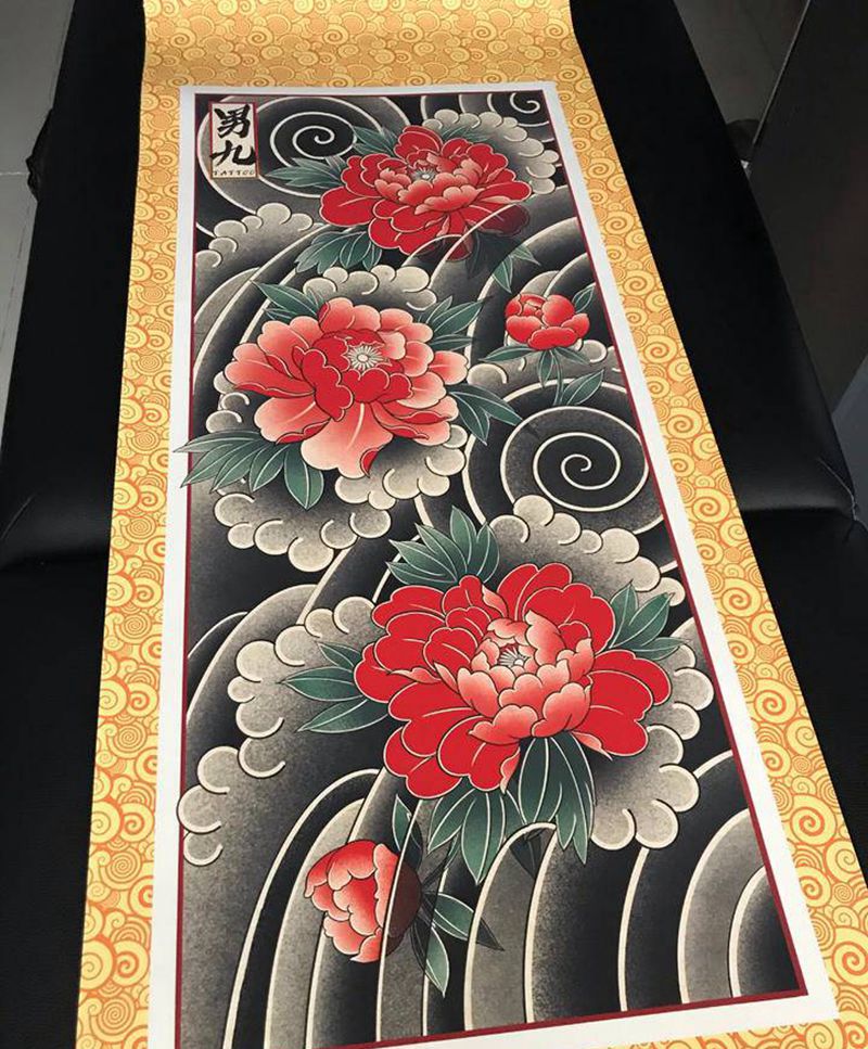 吉祥牡丹图纹身图片_手臂背部老传统新传统手绘传统卷轴纹身图案