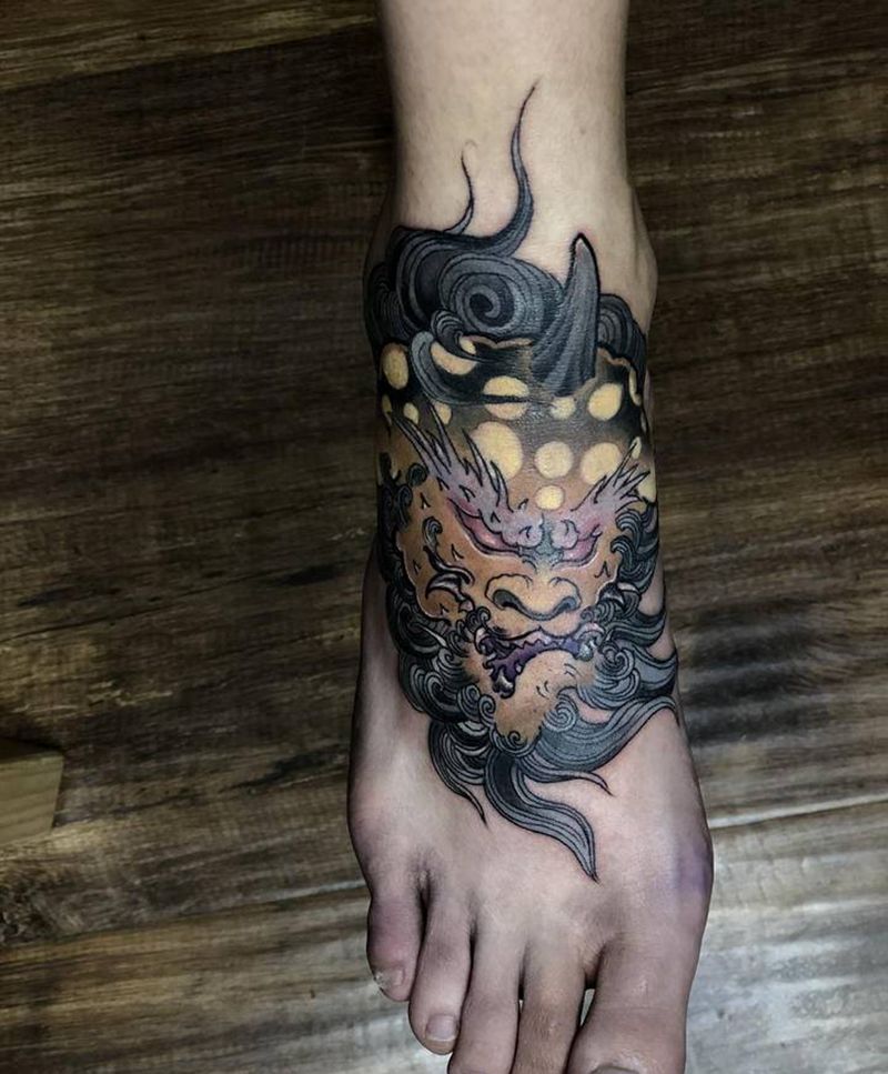 满背唐狮纹身图片_新传统纹身图案