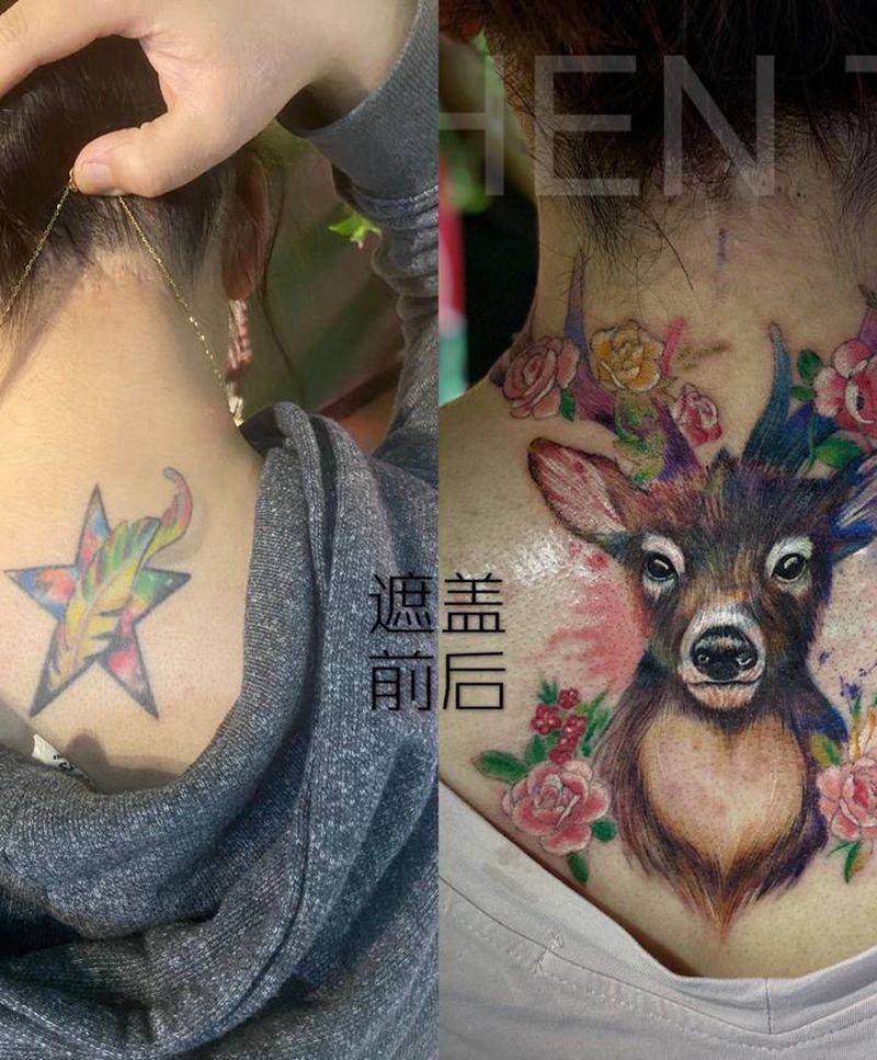 遮盖纹身图片_背部颈部欧美写实水彩纹身图案