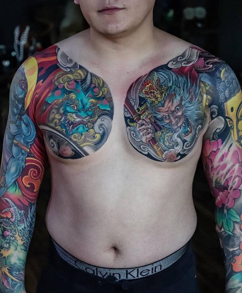 唐狮，暴力猴，佛纹身图片_手臂胸部新传统纹身图案