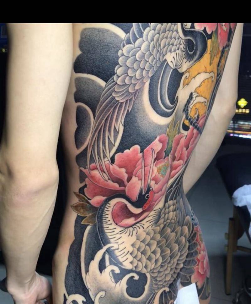 仙鹤满背90%恢复中纹身图片_背部老传统新传统仙鹤牡丹北京纹身图案