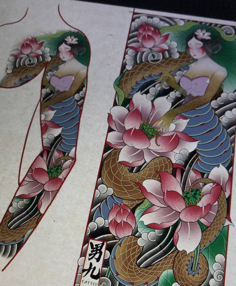 女娲纹身图片_手臂背部新传统老传统女娲荷花纹身图案