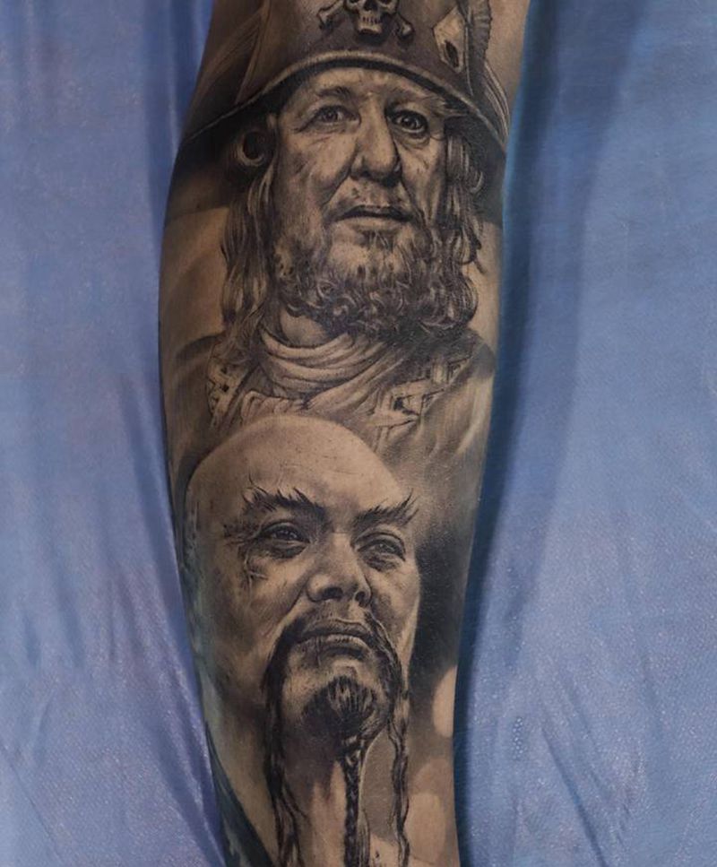 加勒比海盗纹身图片_腿部欧美写实纹身图案