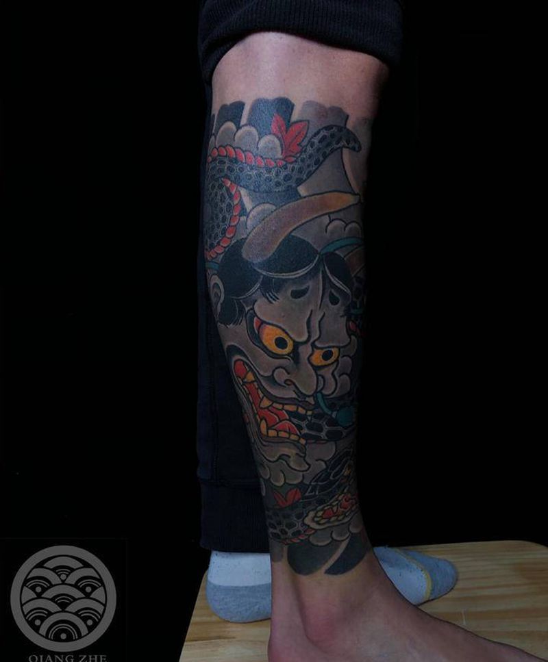 般若菊花纹身图片_腿部老传统纹身图案