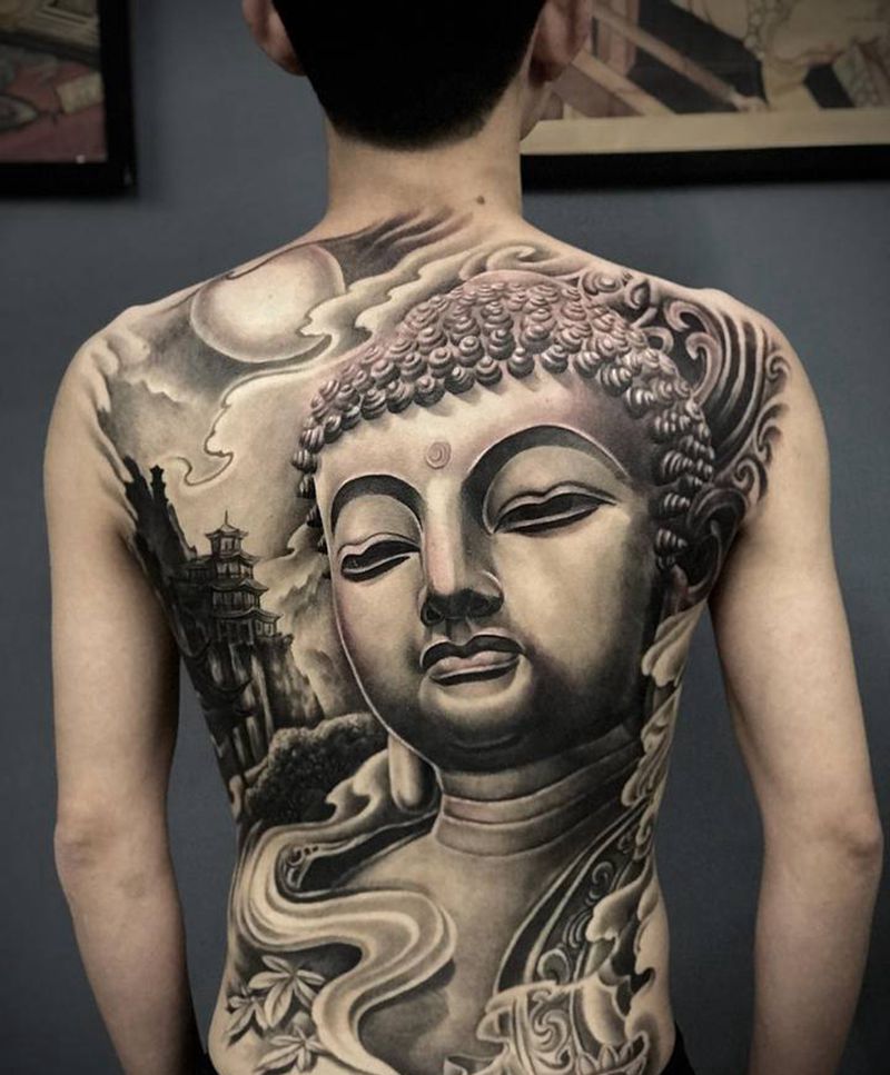 佛像纹身图片_背部新传统纹身图案