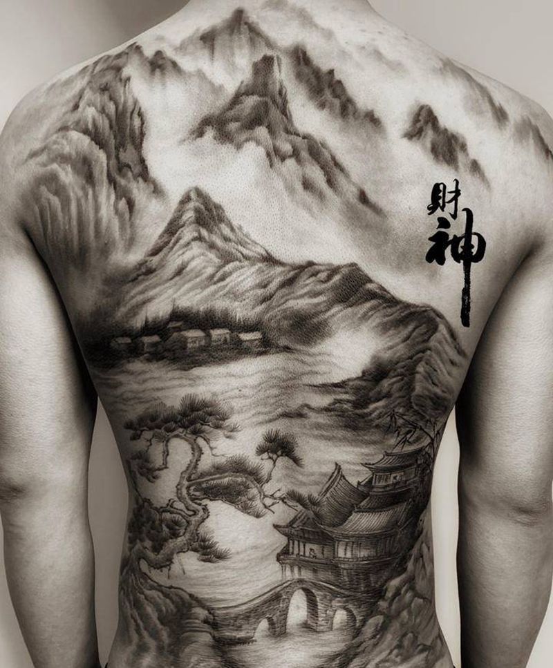 山水纹身图片_背部新传统纹身图案