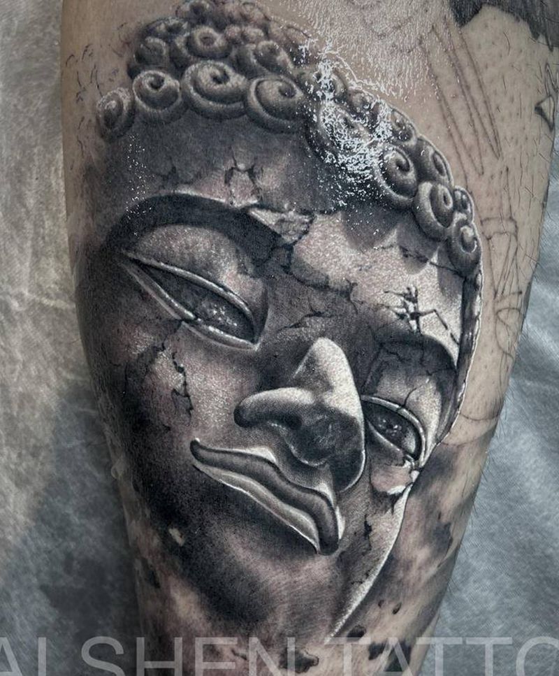 佛纹身图片_腿部新传统欧美写实佛纹身图案