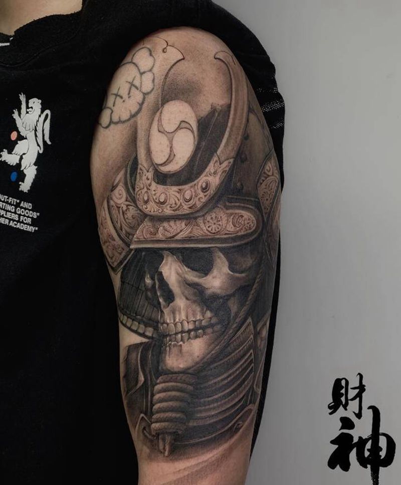 鬼武士纹身图片_手臂肩部欧美写实纹身图案