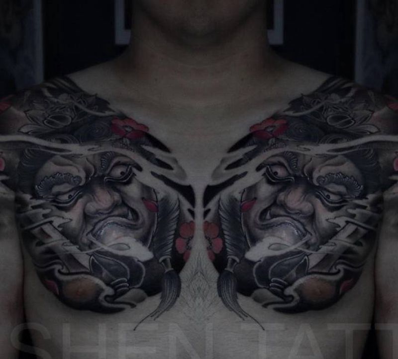 不动明王纹身图片_肩部胸部新传统老传统纹身图案