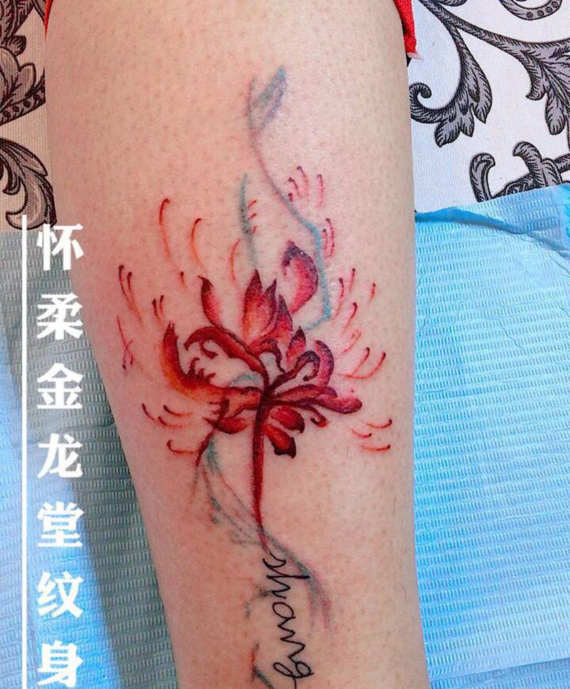 小腿彼岸花纹身图片_腿部Old School水彩纹身图案