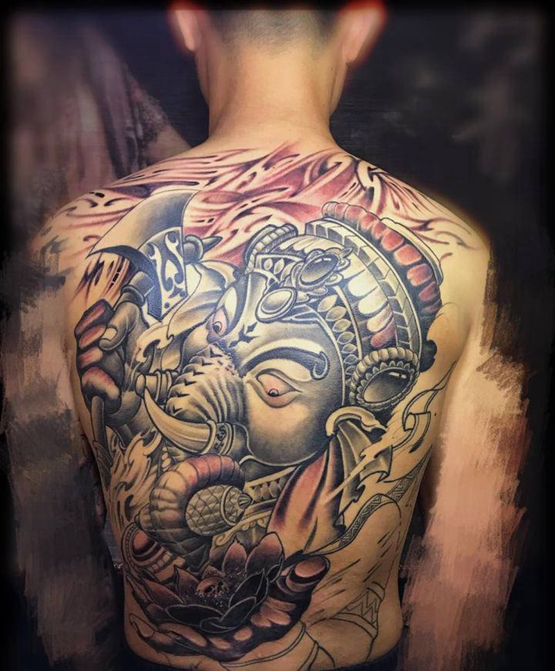 象神纹身图片_背部新传统纹身图案
