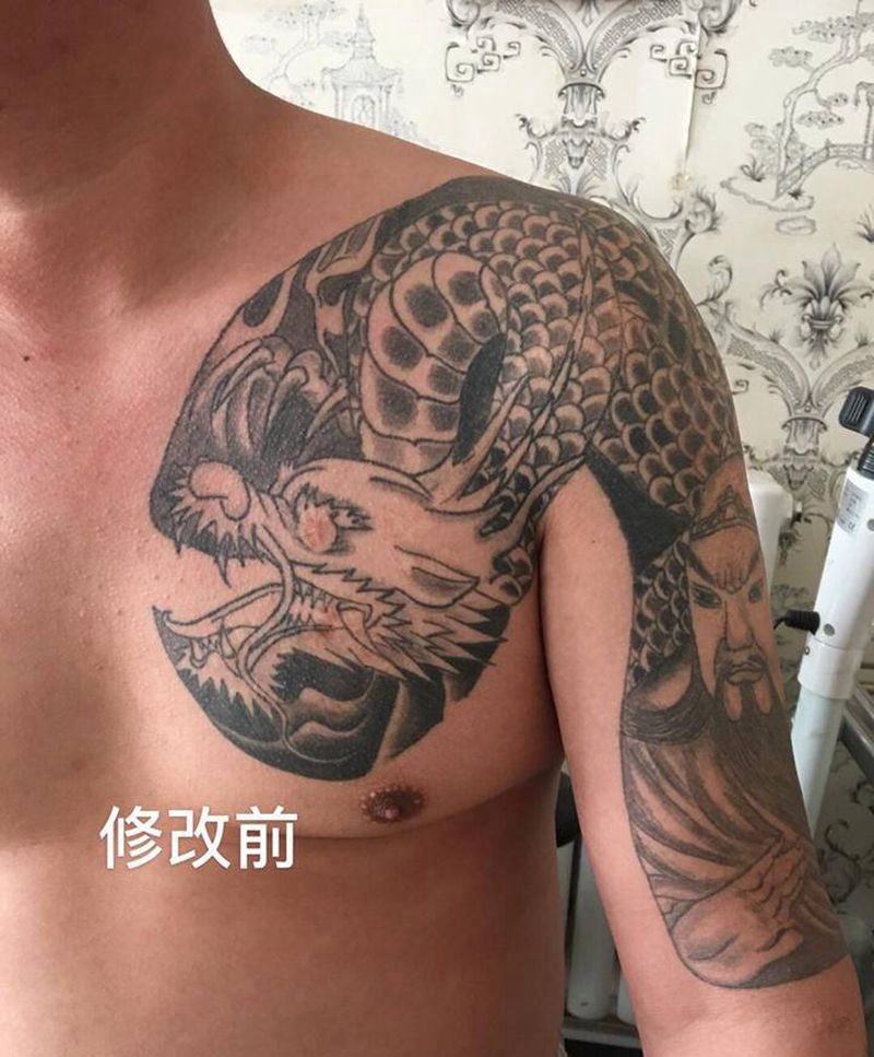 修改纹身，花臂半胛全部完工下面纹身图片_手臂胸部新传统纹身图案