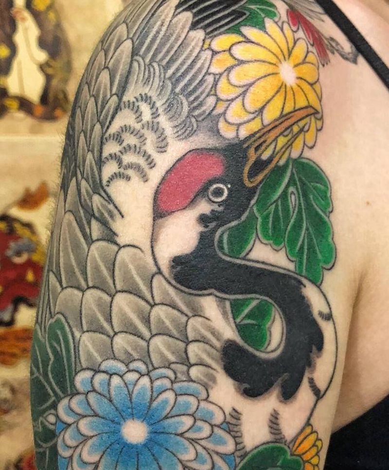 仙鹤纹身图片_手臂老传统仙鹤纹身图案