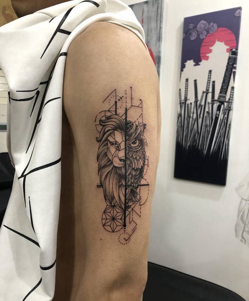 狮子猫头鹰纹身图片_手臂New School几何狮子猫头鹰纹身图案