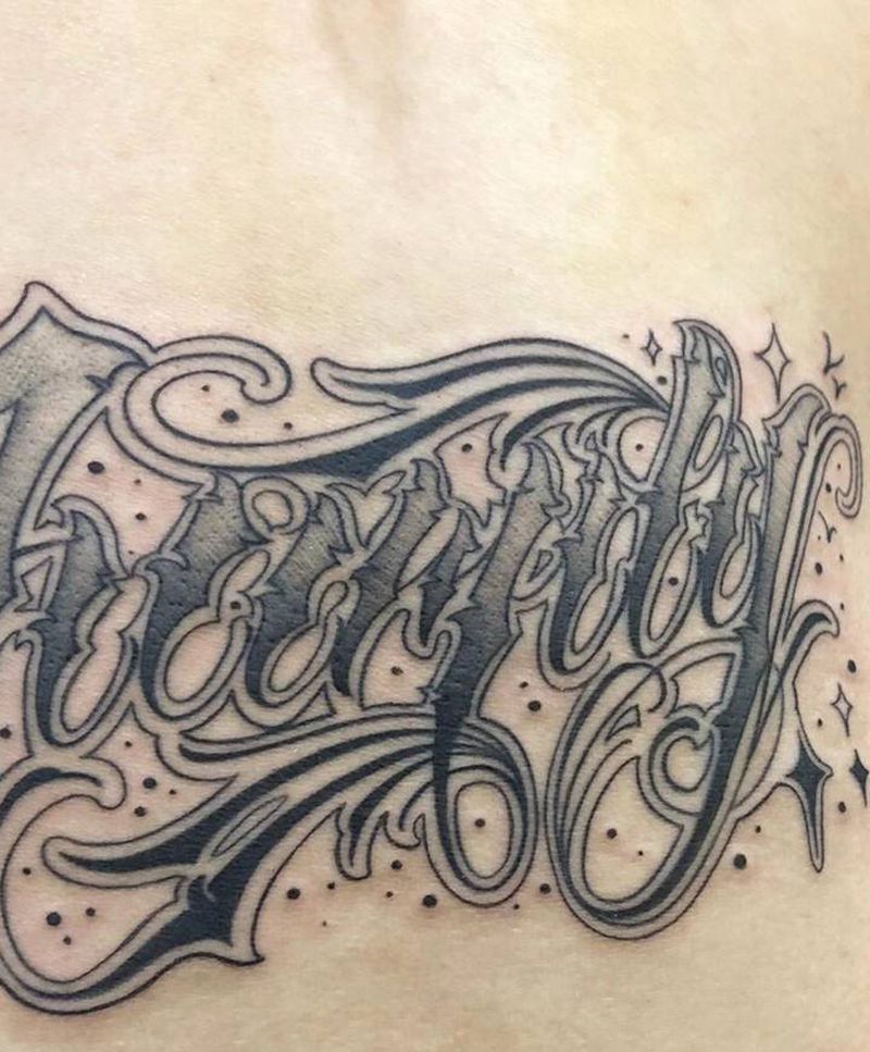 奇卡诺花体英文纹身图片_腰部花体字奇卡诺纹身图案