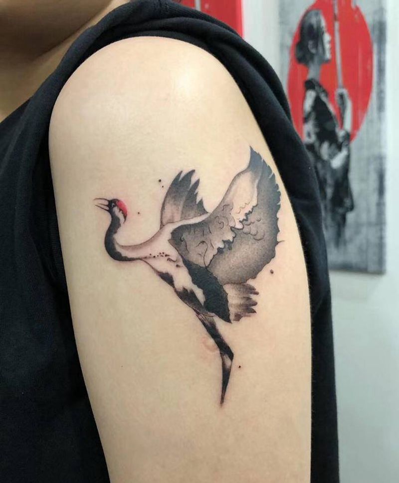 仙鹤纹身图片_手臂水墨新传统仙鹤纹身图案