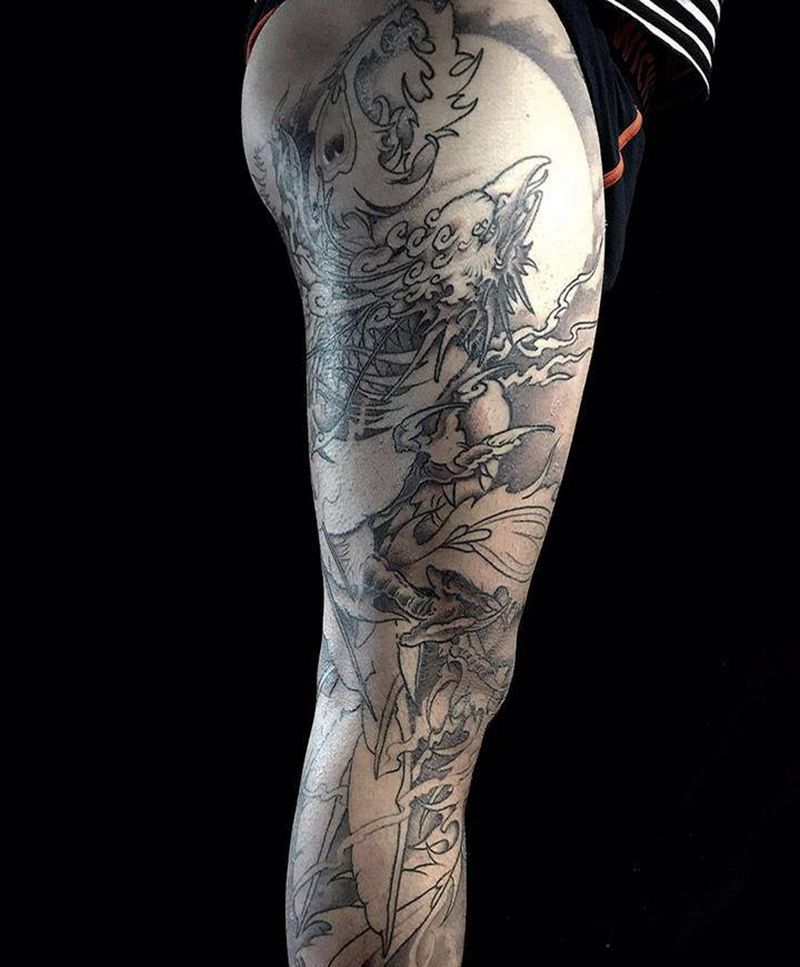 凤舞九天纹身图片_腿部新传统凤凰纹身图案
