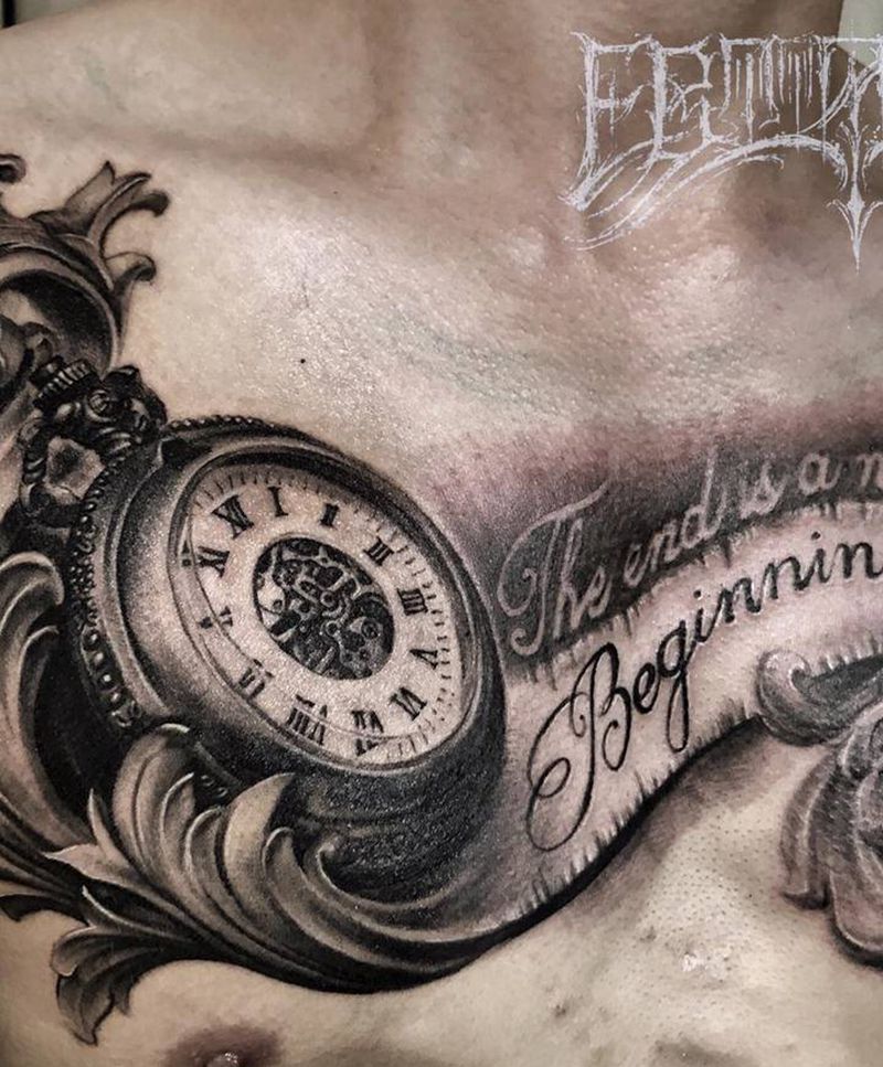 守护时光纹身图片_胸部欧美写实花体字钟表飞狮英文纹身图案