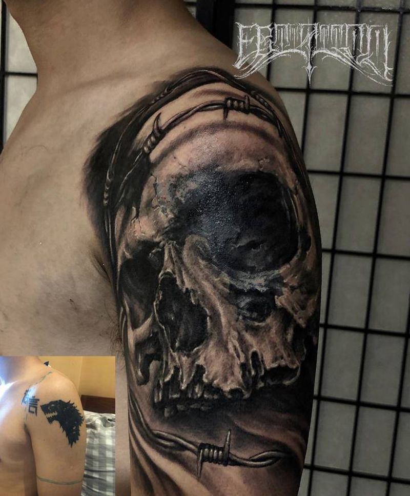 盖中盖纹身图片_手臂欧美写实遮盖 骷髅纹身图案