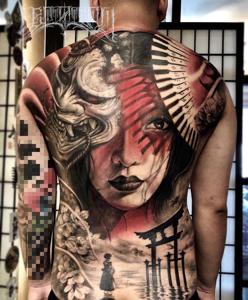 迷梦纹身图片_背部欧美写实新传统般若美女梦幻纹身图案