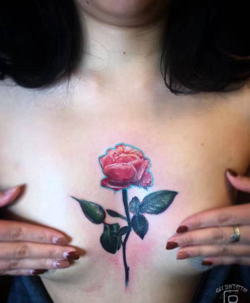 玫瑰花纹身图片_胸部欧美写实纹身图案
